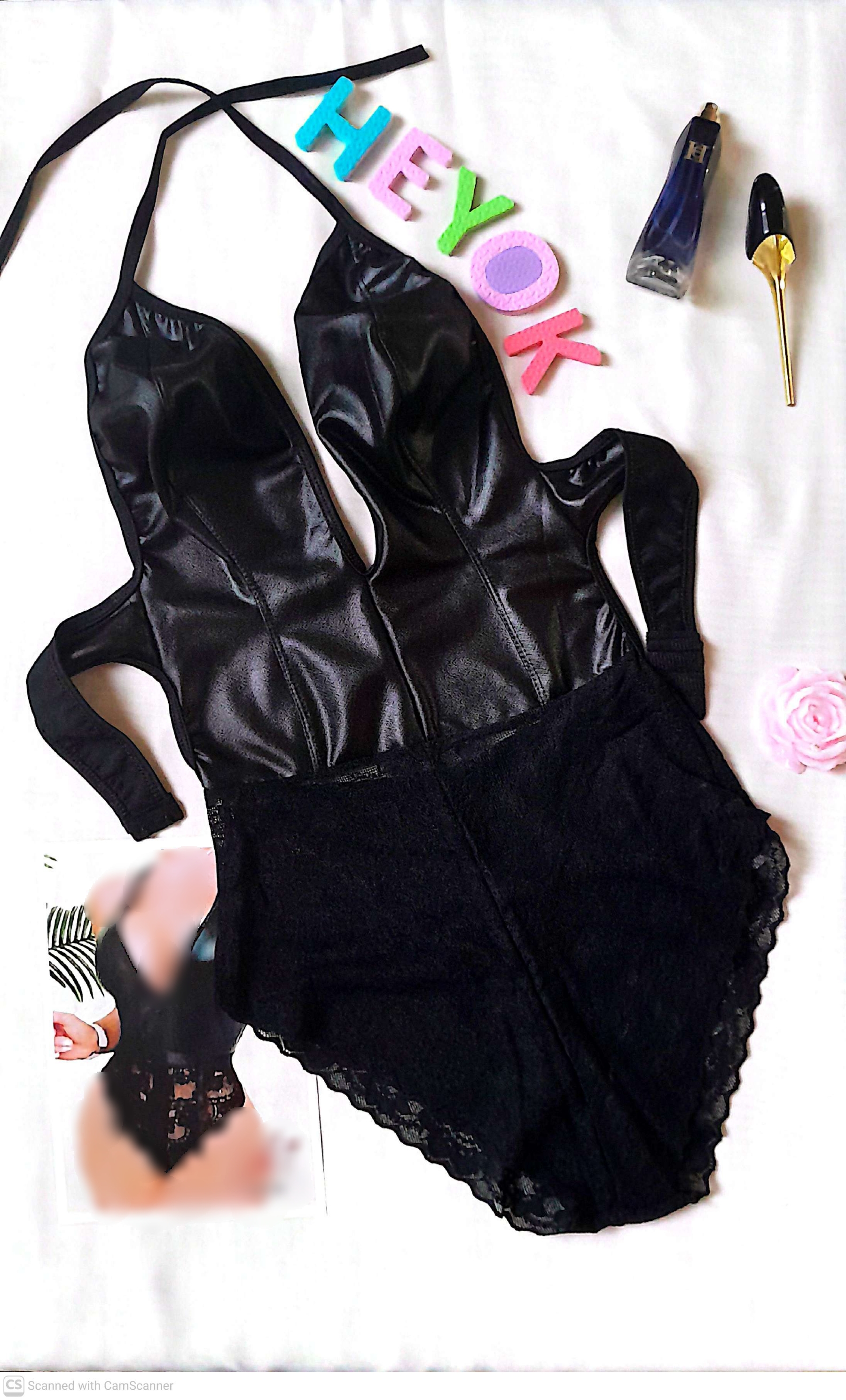 بادی زنانه فانتزی بالاتنه چرم پایین تنه گیپور کد1047