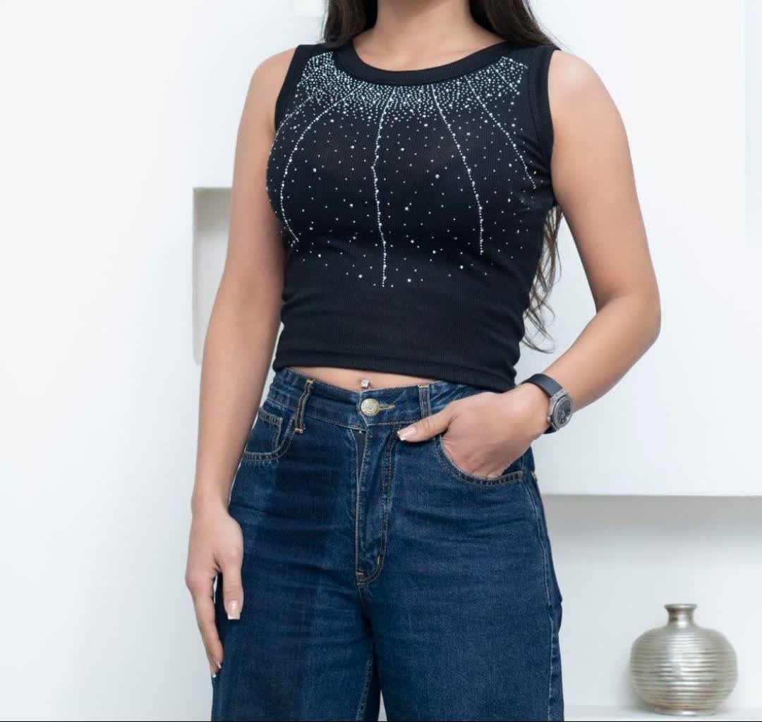 کراپ نگین دار آستین حلقه ای